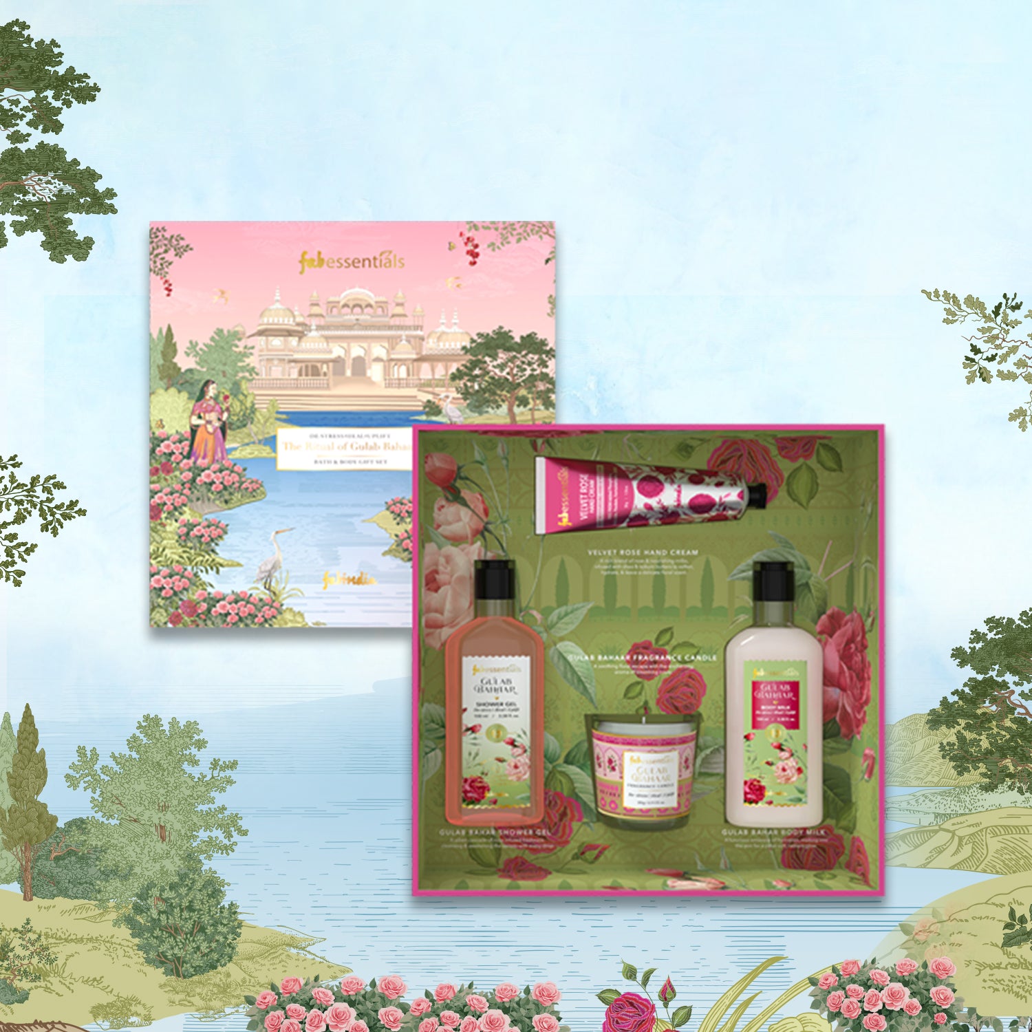Fabessentials Gulab Bahaar Luxury Bath Gift Set for Women & Men | Rose Shower Gel, Body Milk, Hand Cream & Fragrance Candle