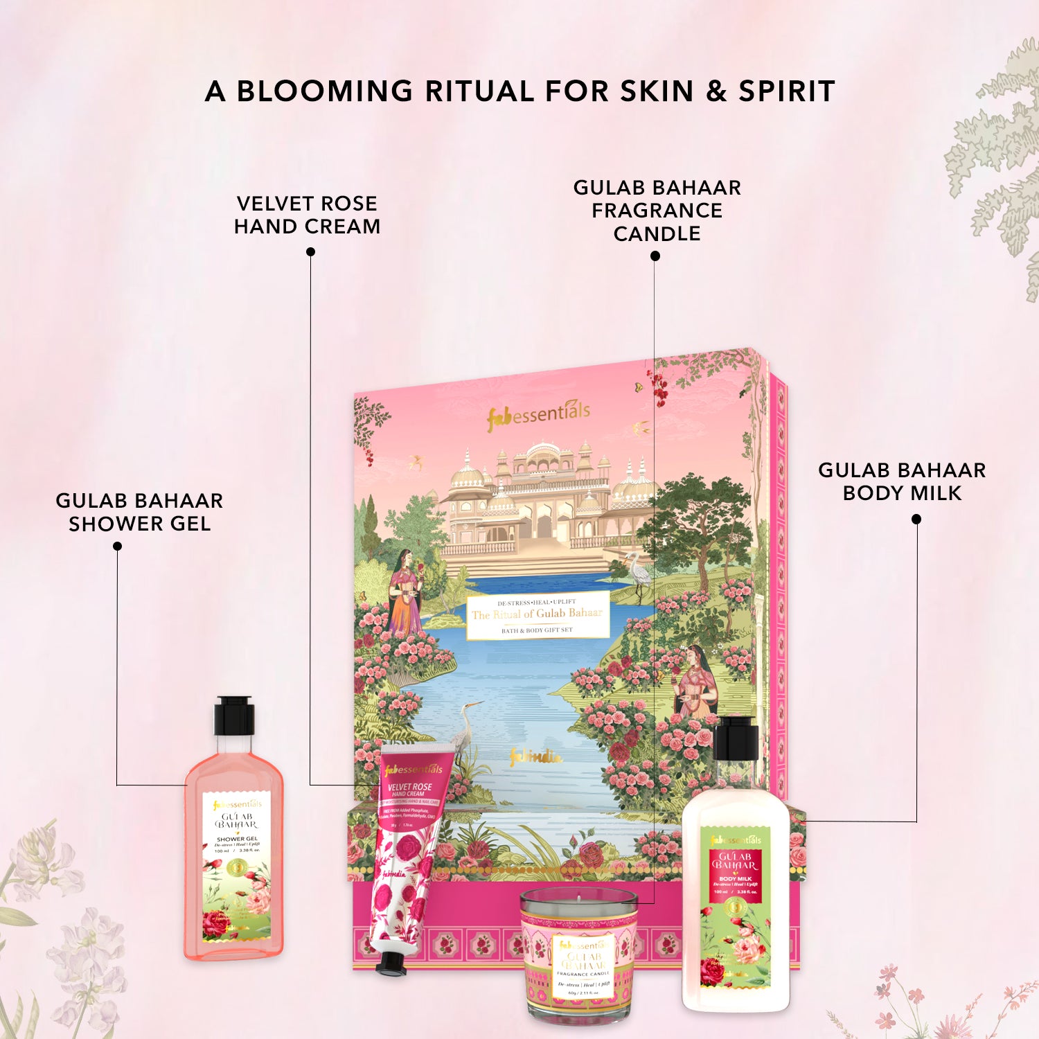 Fabessentials Gulab Bahaar Luxury Bath Gift Set for Women & Men | Rose Shower Gel, Body Milk, Hand Cream & Fragrance Candle
