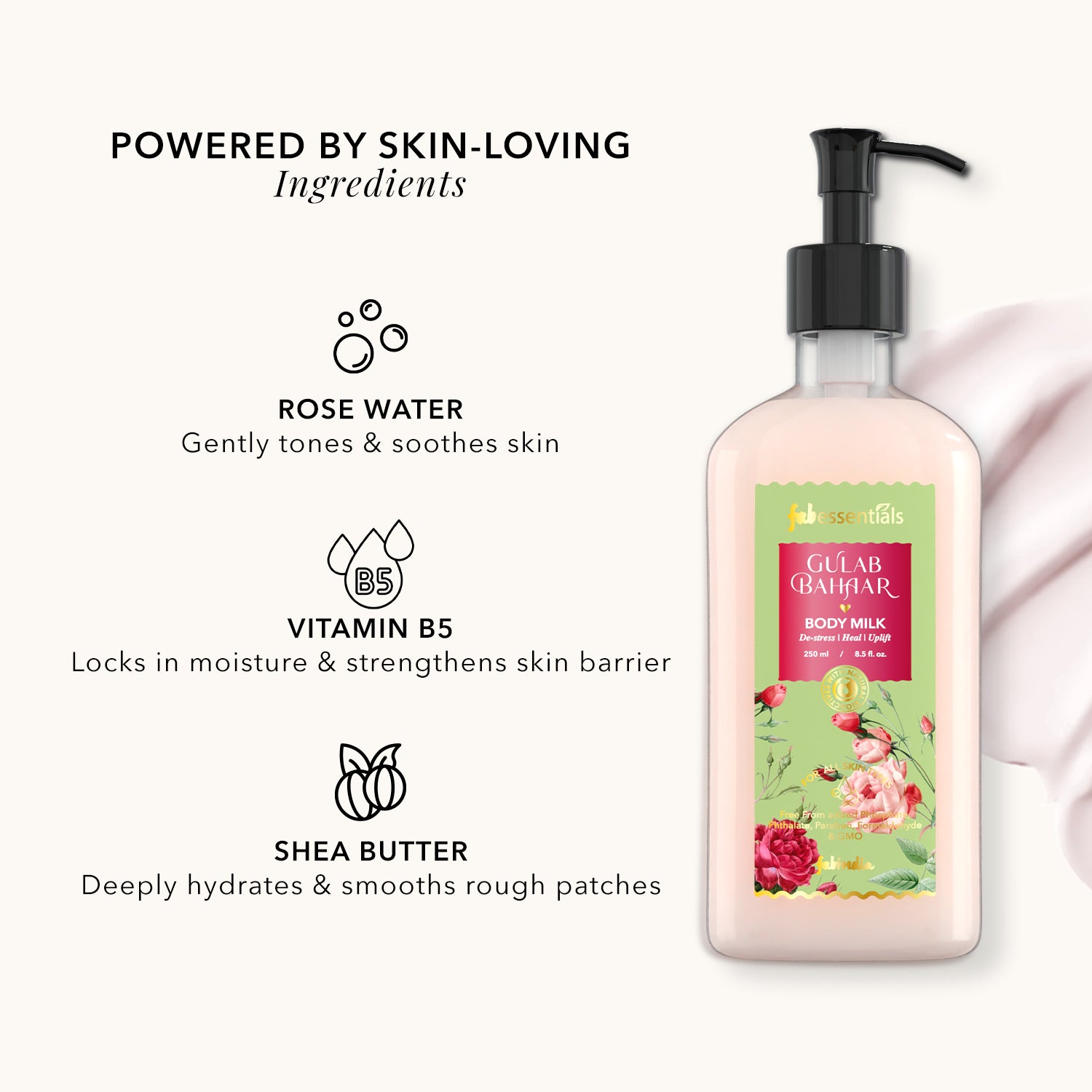 fabessentials Gulaab Bahaar Body Milk | Lightweight Floral Body Lotion with Rose Water, Vitamin B5 & Shea Butter for Men & Women 250ml