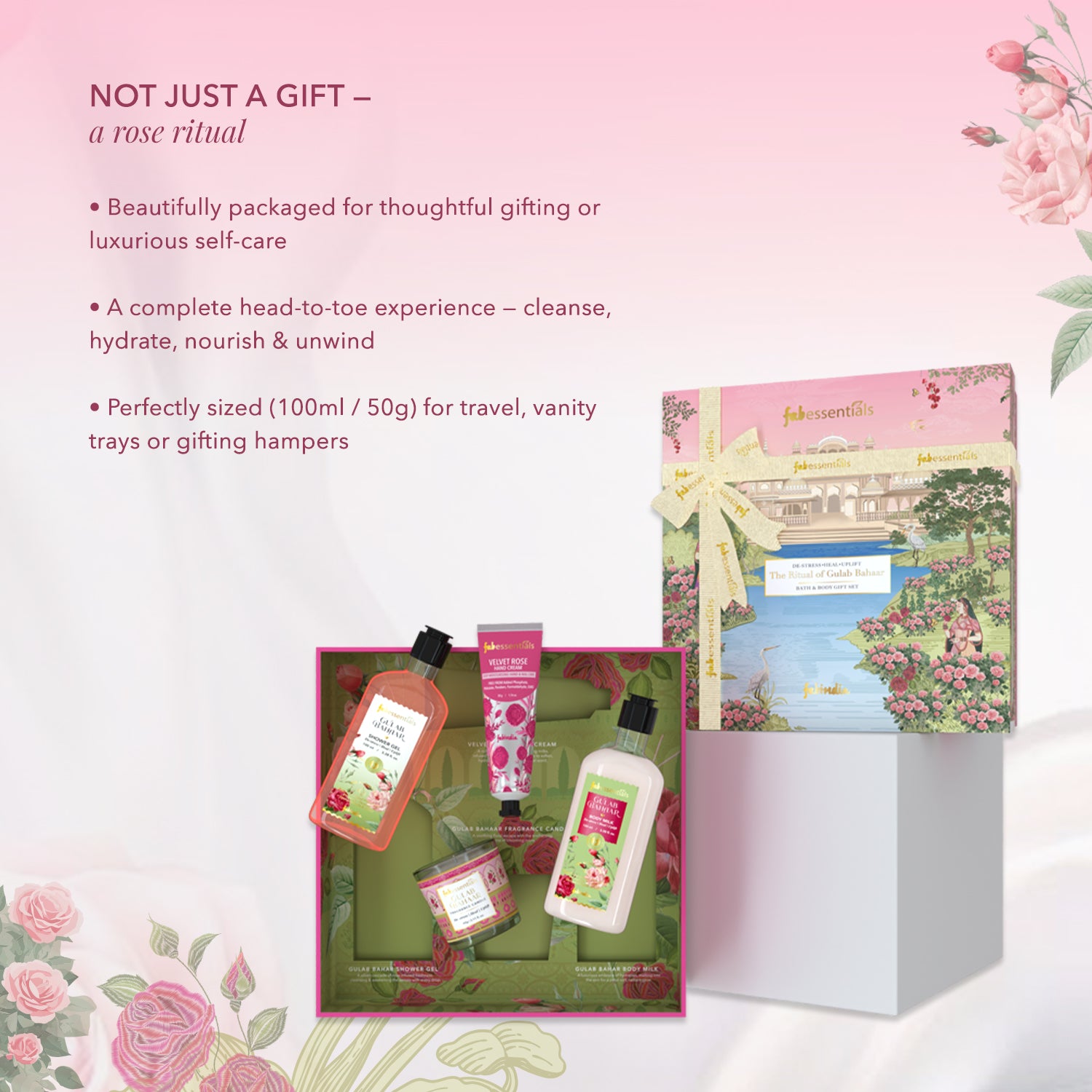Fabessentials Gulab Bahaar Luxury Bath Gift Set for Women & Men | Rose Shower Gel, Body Milk, Hand Cream & Fragrance Candle