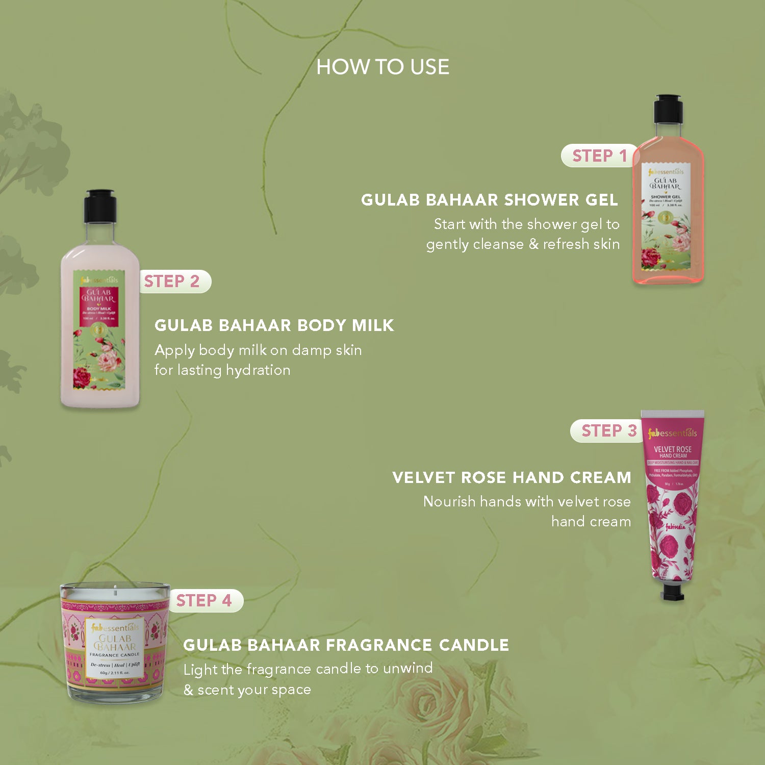 Fabessentials Gulab Bahaar Luxury Bath Gift Set for Women & Men | Rose Shower Gel, Body Milk, Hand Cream & Fragrance Candle