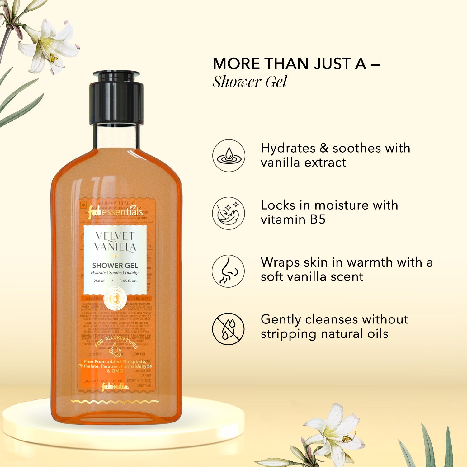 fabessentials Velvet Vanilla Shower Gel for Men & Women | Shea Butter, Aloe Vera & Vitamin B5 | 250ml