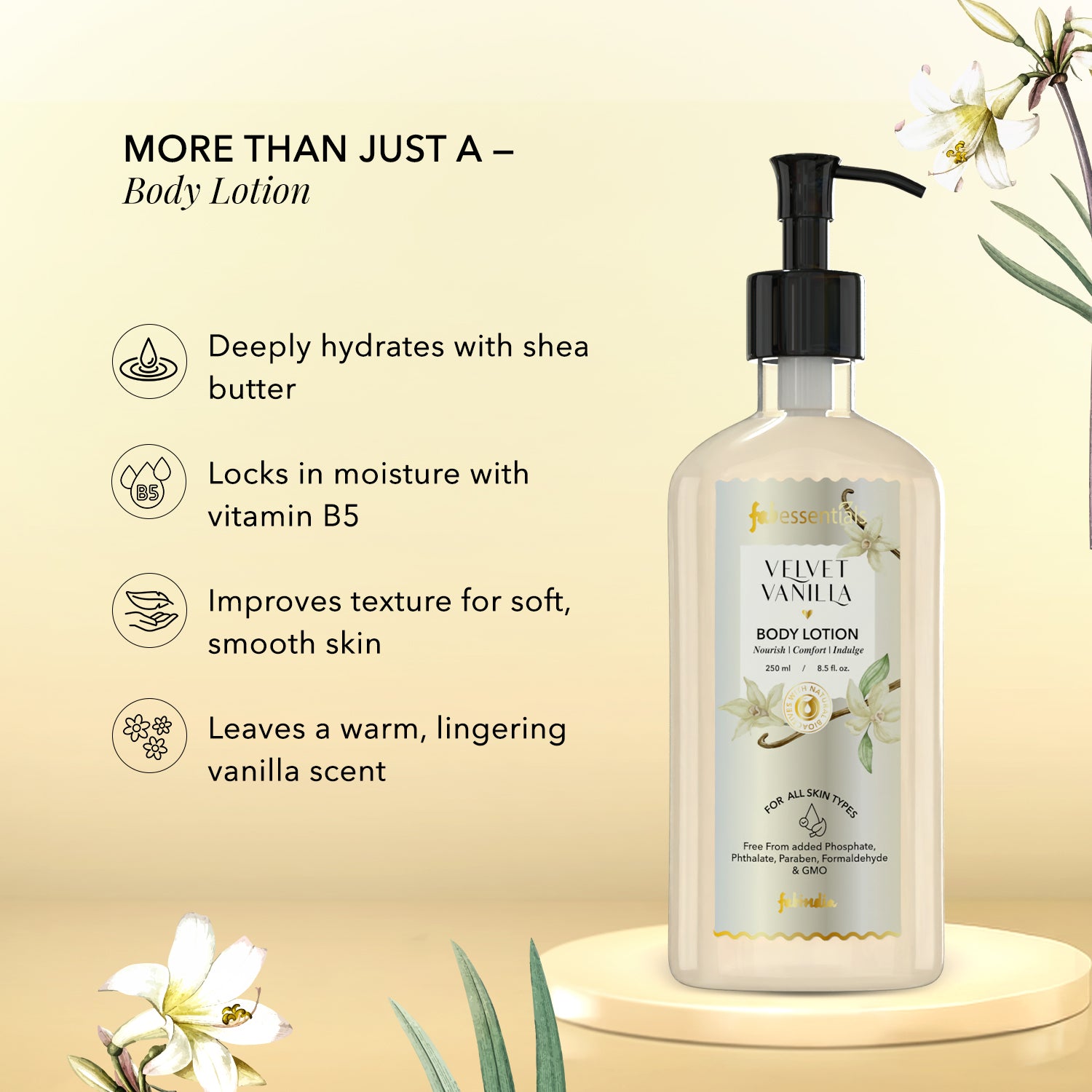 fabessentials Velvet Vanilla Body Lotion | Ultra-Hydrating | Softens, Nourishes & Smoothens Skin | 250 ml