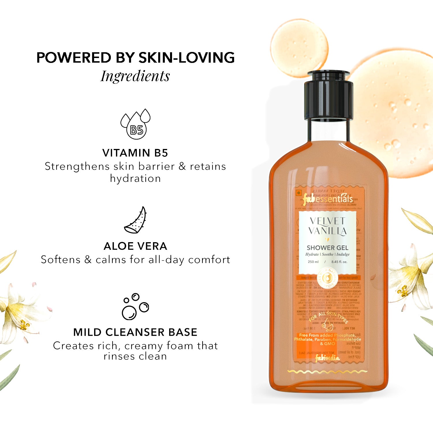 fabessentials Velvet Vanilla Shower Gel for Men & Women | Shea Butter, Aloe Vera & Vitamin B5 | 250ml