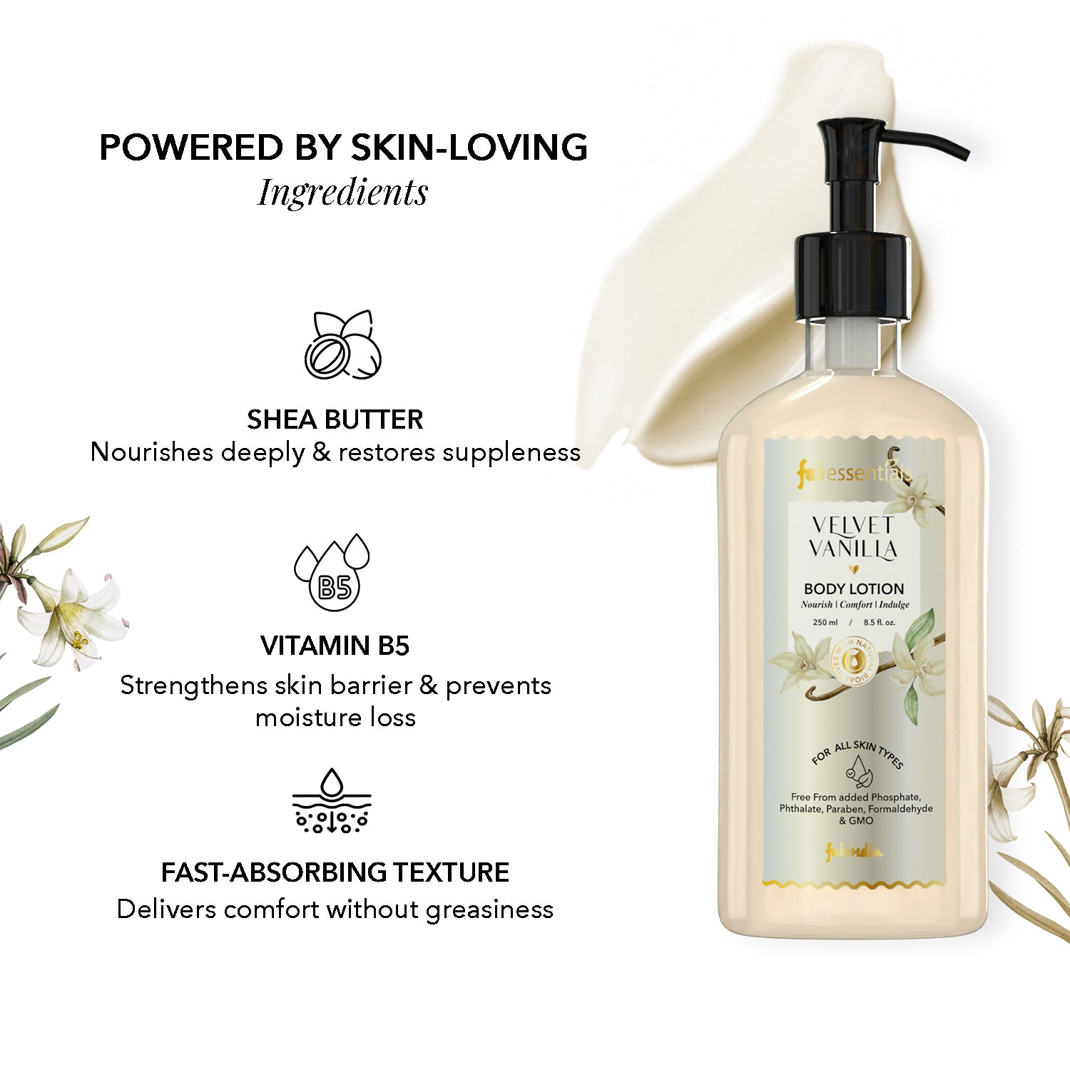 fabessentials Velvet Vanilla Body Lotion | Ultra-Hydrating | Softens, Nourishes & Smoothens Skin | 250 ml