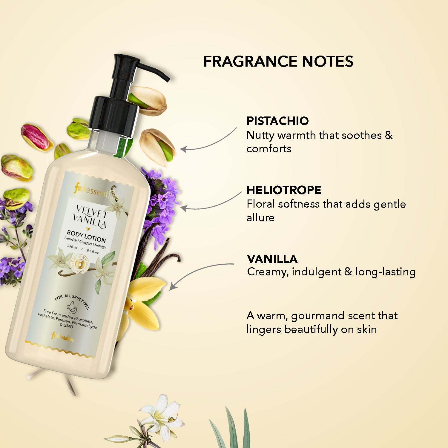 fabessentials Velvet Vanilla Body Lotion | Ultra-Hydrating | Softens, Nourishes & Smoothens Skin | 250 ml