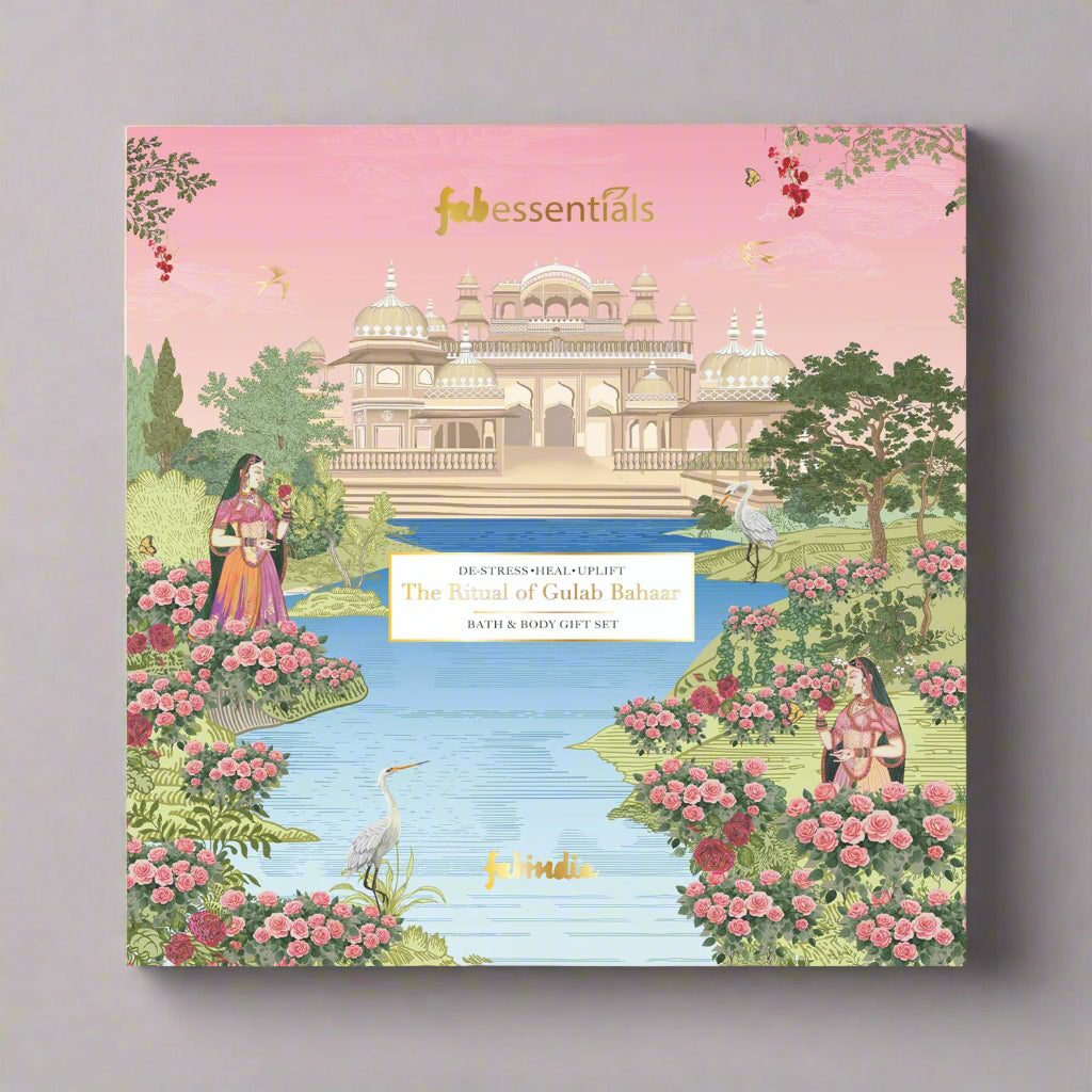 Fabessentials Gulab Bahaar Luxury Bath Gift Set for Women & Men | Rose Shower Gel, Body Milk, Hand Cream & Fragrance Candle