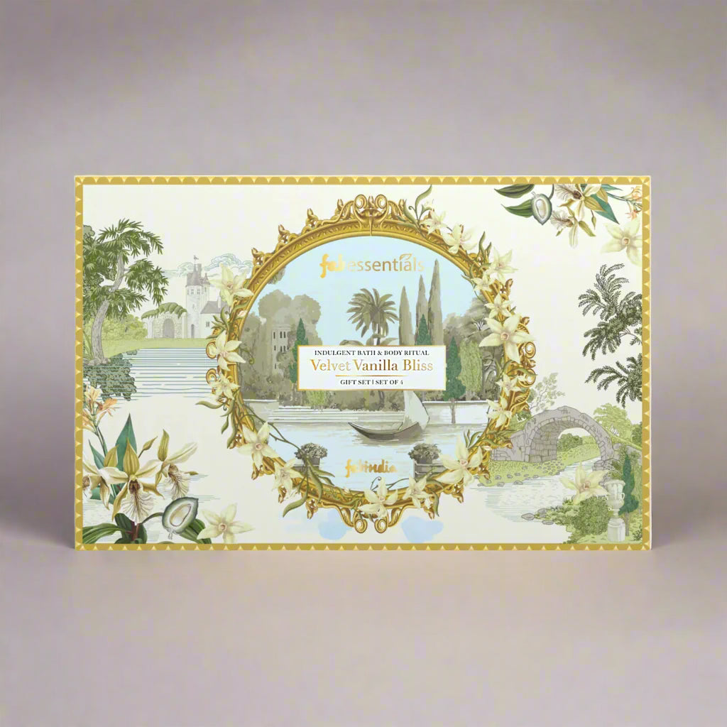 Decorative box with garden scene and 'essentielle' branding on a pink gradient background
