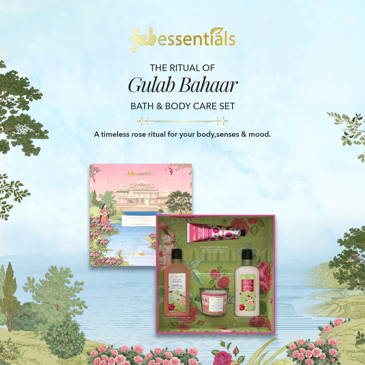 Fabessentials Gulab Bahaar Luxury Bath Gift Set for Women & Men | Rose Shower Gel, Body Milk, Hand Cream & Fragrance Candle