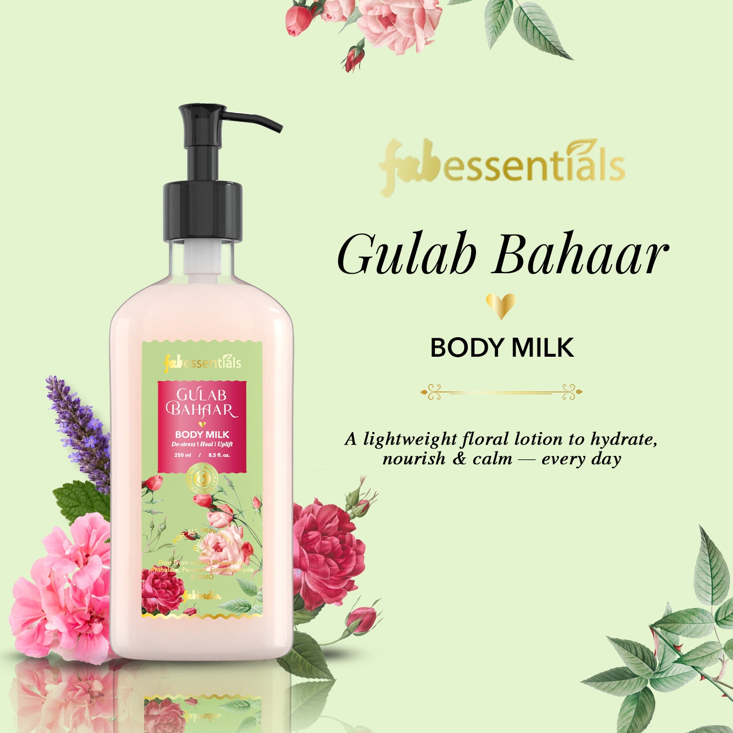 fabessentials Gulaab Bahaar Body Milk | Lightweight Floral Body Lotion with Rose Water, Vitamin B5 & Shea Butter for Men & Women 250ml