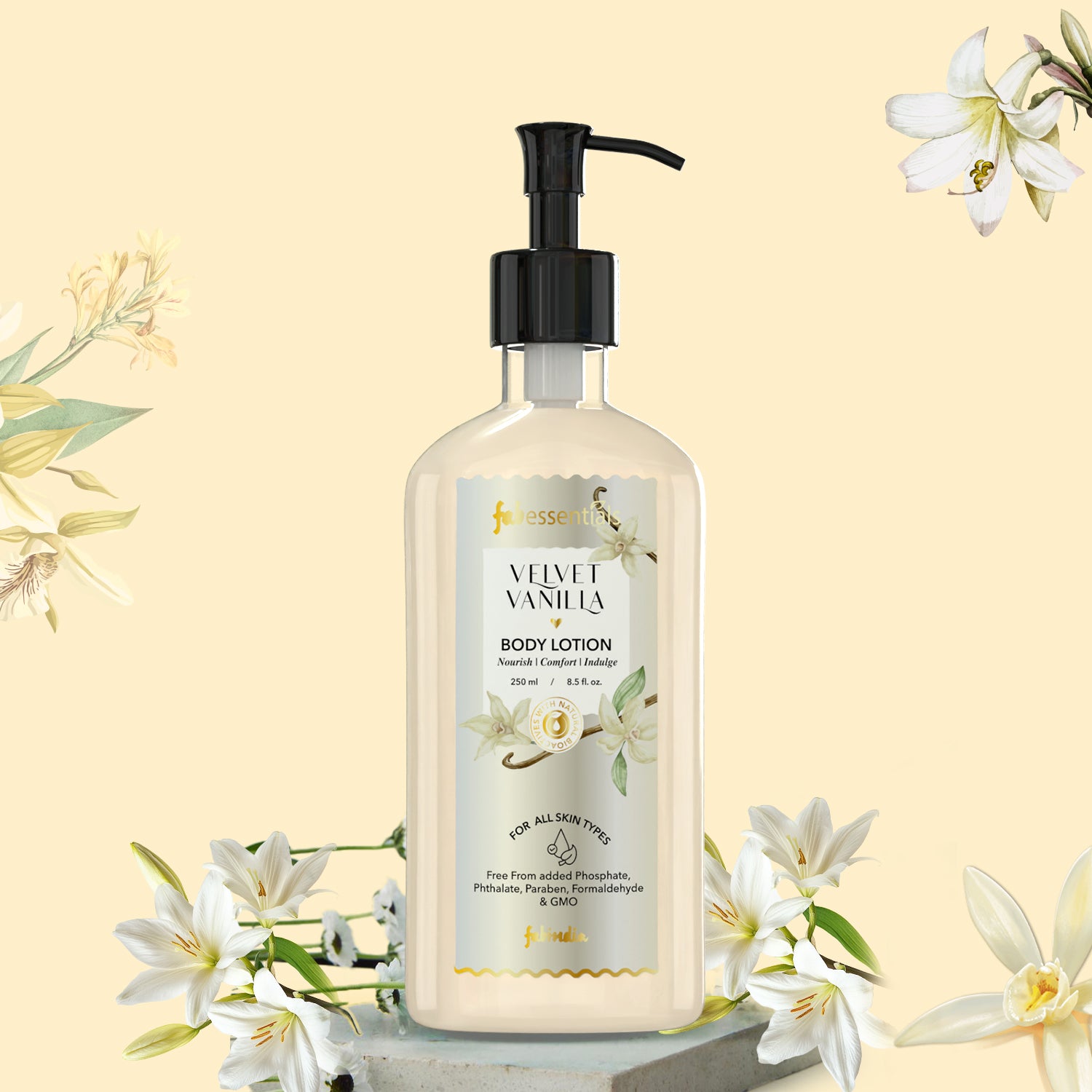fabessentials Velvet Vanilla Body Lotion | Ultra-Hydrating | Softens, Nourishes & Smoothens Skin | 250 ml