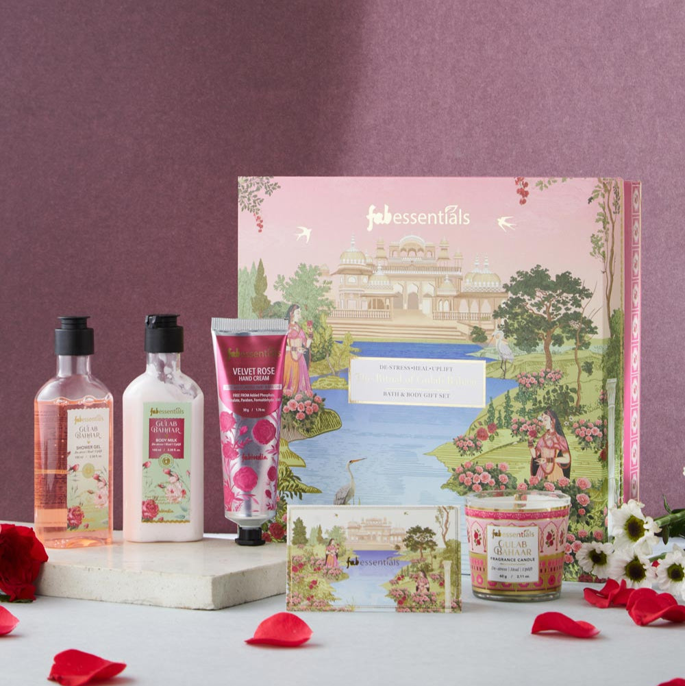 Fabessentials Gulab Bahaar Luxury Bath Gift Set for Women & Men | Rose Shower Gel, Body Milk, Hand Cream & Fragrance Candle