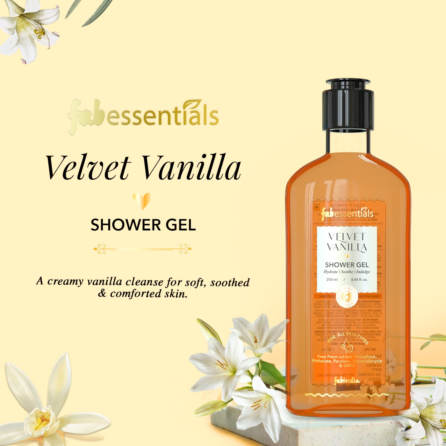 fabessentials Velvet Vanilla Shower Gel for Men & Women | Shea Butter, Aloe Vera & Vitamin B5 | 250ml