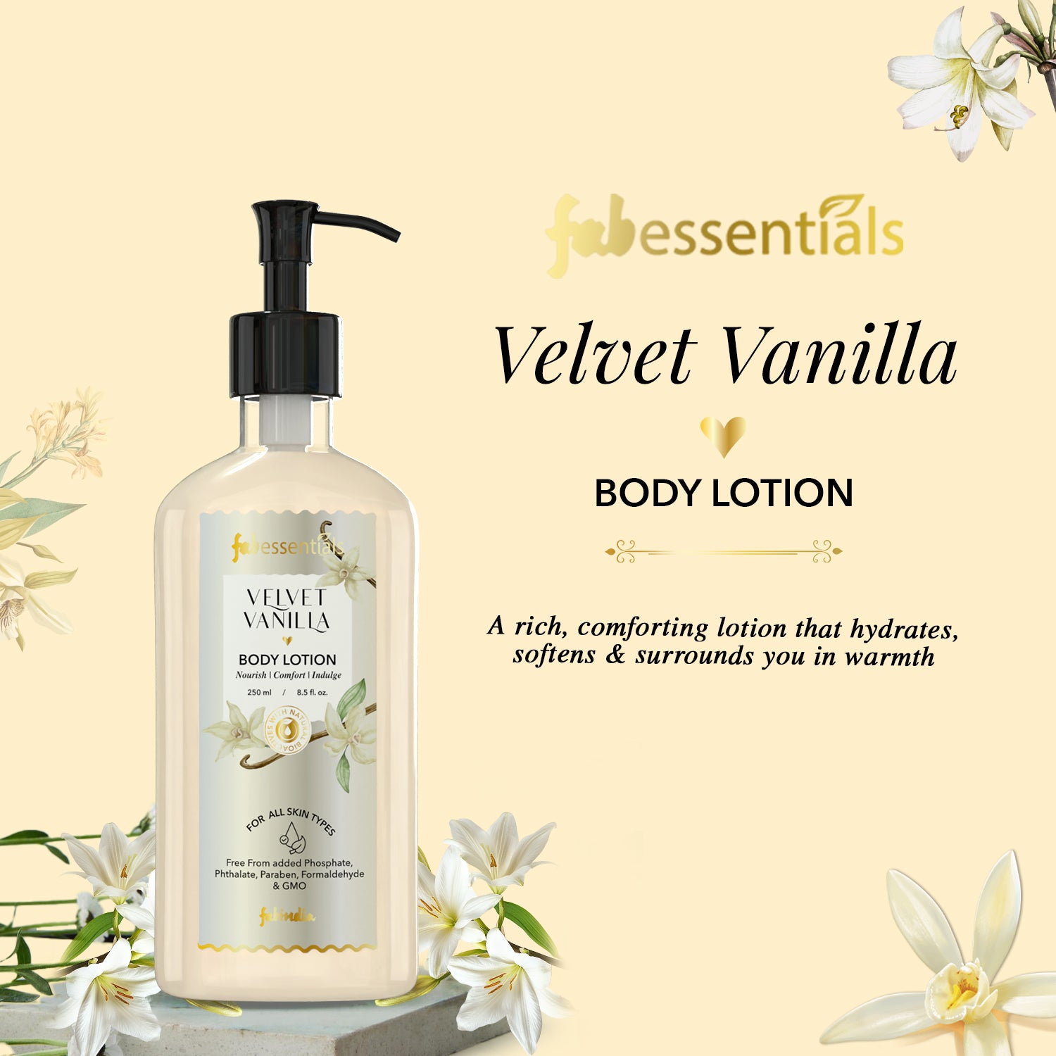 fabessentials Velvet Vanilla Body Lotion | Ultra-Hydrating | Softens, Nourishes & Smoothens Skin | 250 ml