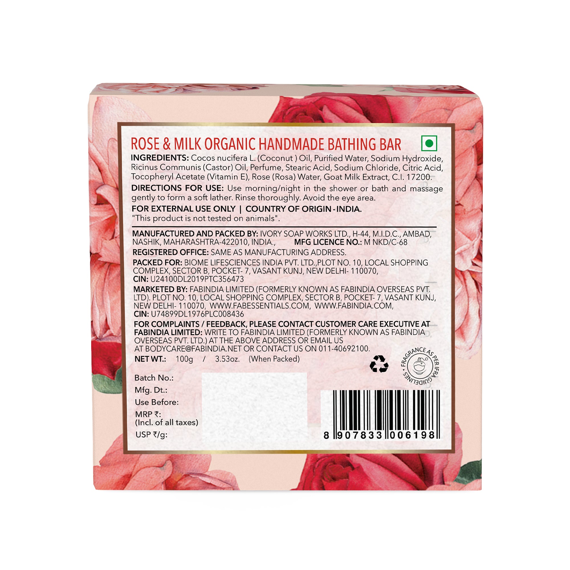 Rose & Milk Handmade Bathing Bar - 100 gm