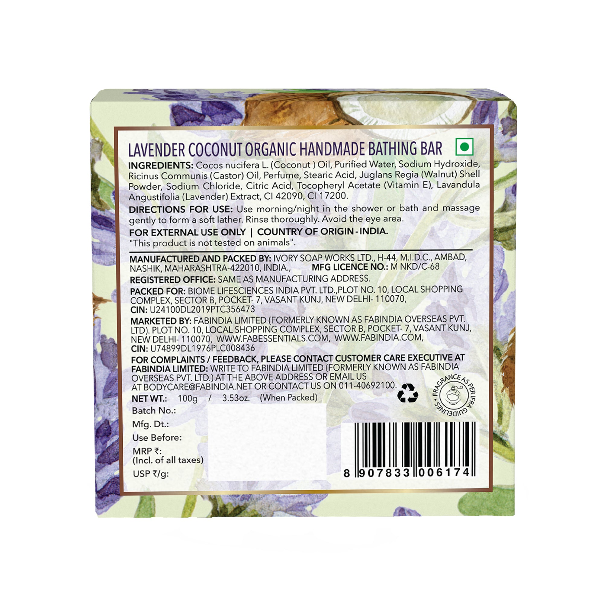 Lavender Coconut Organic Handmade Bathing Bar - 100 gm