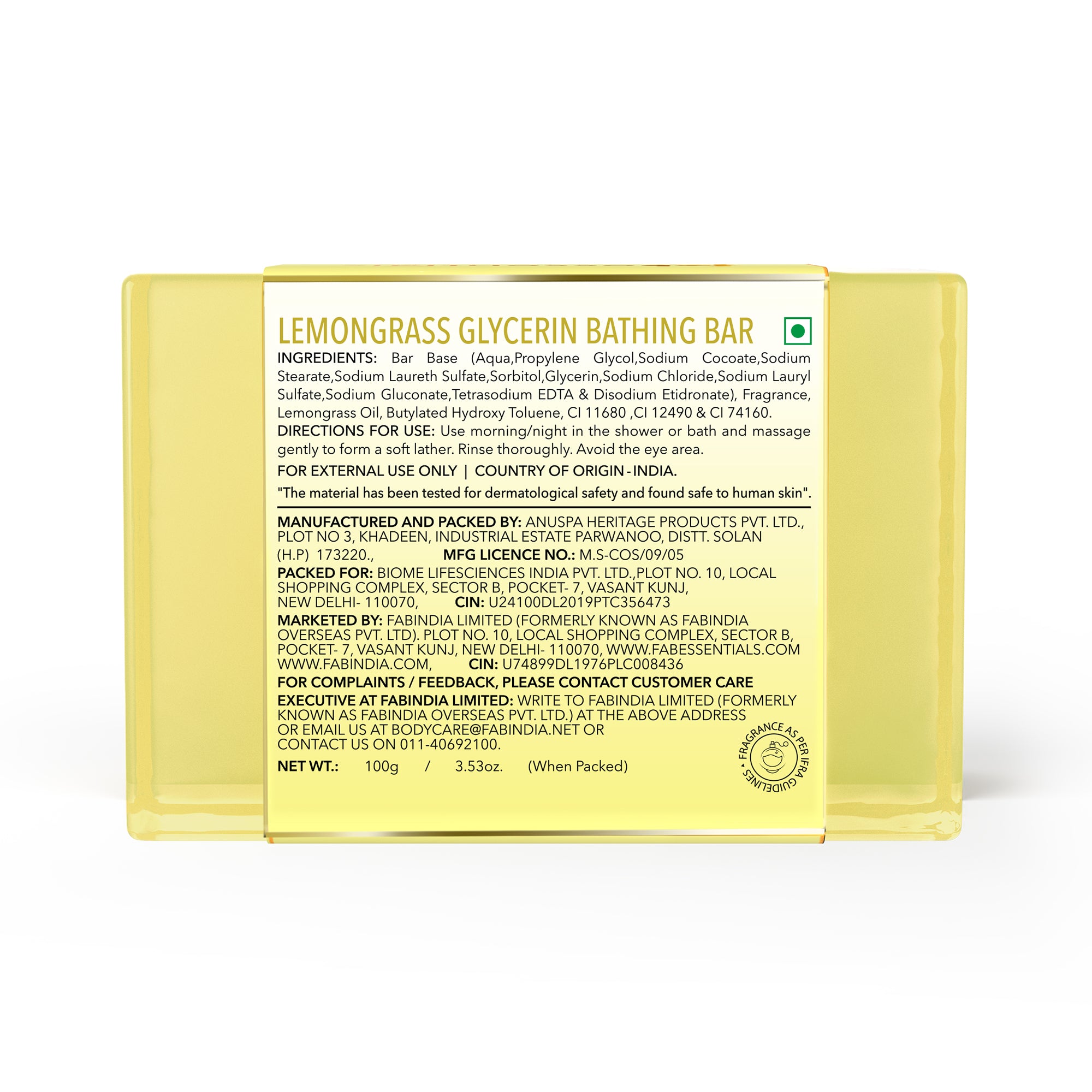 Lemongrass Glycerin Bathing Bar - 100 gm