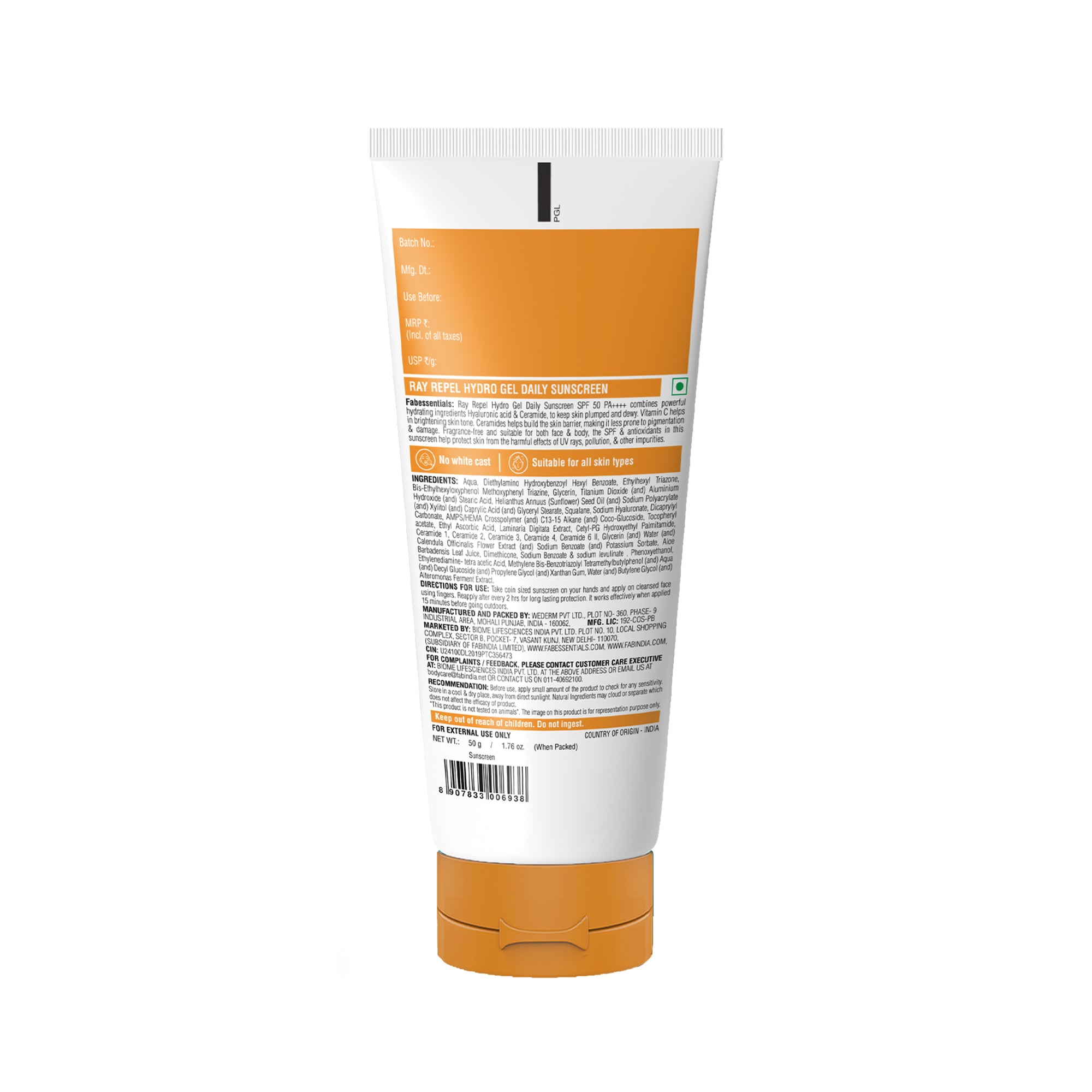 fabessentials Hyaluronic Acid & Vitamin C Ray Repel Hydro gel Daily Sunscreen SPF 50 - 50 g