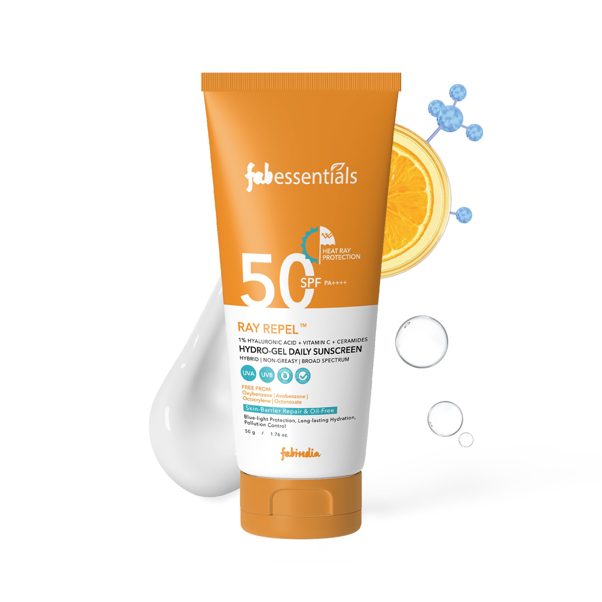 Fabessentials Hyaluronic Acid & Vitamin C Ray Repel Hydro-Gel Daily Sunscreen SPF 50 - 50gm